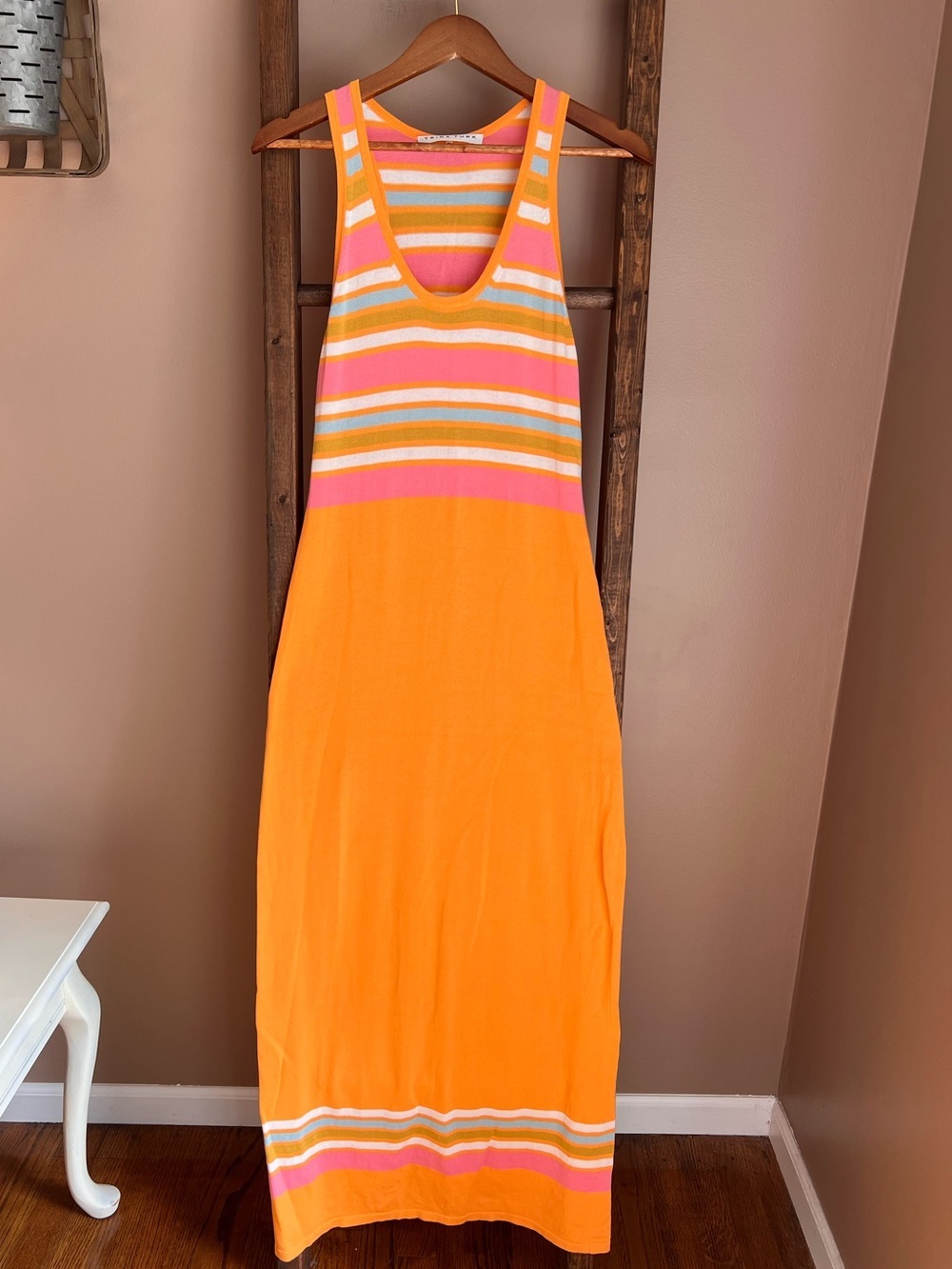Trina Turk Bright Orange Striped Maxi Dress with Pink and Cream Accents